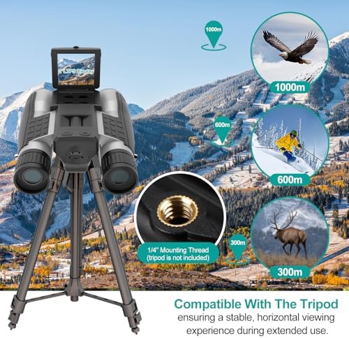 ZZSTAR 12x32 Binoculars for Adults, Large View, Portable High Powered Binoculars with Camera, FMC & BAK4 Prism Lens, 2" LCD Display 5MP 1080P Video Photo Recorder for Bird Watching Sport, Silver