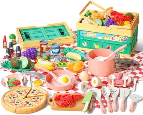 80pcs Pretend Play Kitchen Set for Toddlers, Kids Cookware Playset with Pots/Pans/Food/Fruits/Vegetables/Picnic Blanket/Storage Basket, Pink Educational Learning Toy Gift for Boys & Girls