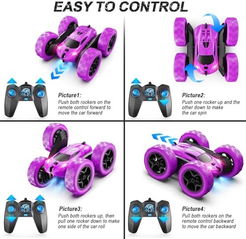RC Cars, Purple Remote Control Car for Girls, 2.4 GHZ Double Sided RC Stunt Car 360° Rotating Remote Control Crawler with Headlights Car Toys for 6 7 8 9 10 11 12 Girls Birthday Gift