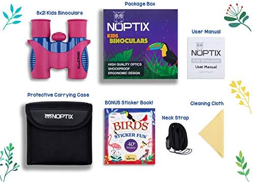 Binoculars for Kids, Girls or Boys Real Kids Binoculars in Vibrant Pink Blue - includes Sticker Book with 40 Bird Species - Kids Toys Small Binoculars, Toddler Binoculars