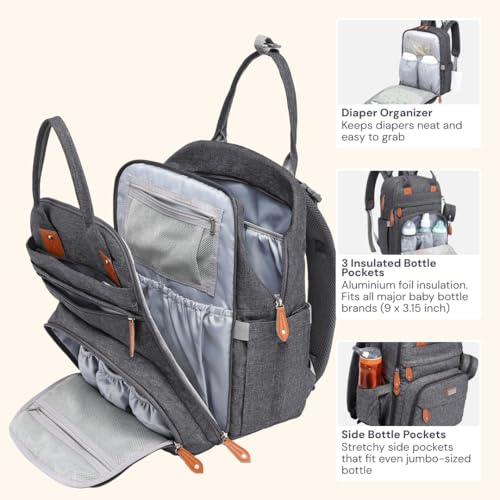 BabbleRoo Diaper Bag Backpack - Baby Essentials Travel Tote - Multi Function Waterproof Diaper Bag, Travel Essentials Baby Bag with Changing Pad, Stroller Straps & Pacifier Case - Unisex, Dark Gray