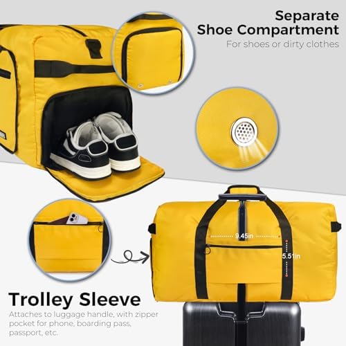 Fmeida 65L Duffle Bag with Shoes Compartment, Foldable Travel Duffel Bags for Men Women, Large Packable Travel Bag Water Repellent & Tear Resistant (Yellow)