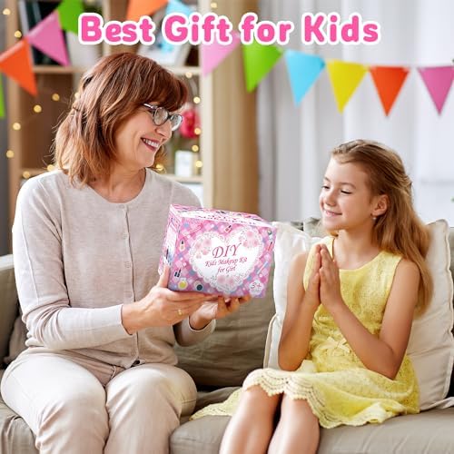 Hollyhi 58 Pcs Kids Makeup Kit for Girl, Princess Toys Real Washable Cosmetic Set with Mirror, Kids Makeup Sets for Girls, Play Make Up Birthday Gifts for 3 4 5 6 7 8 9 10 11 12 Years Old Kid (Pink)