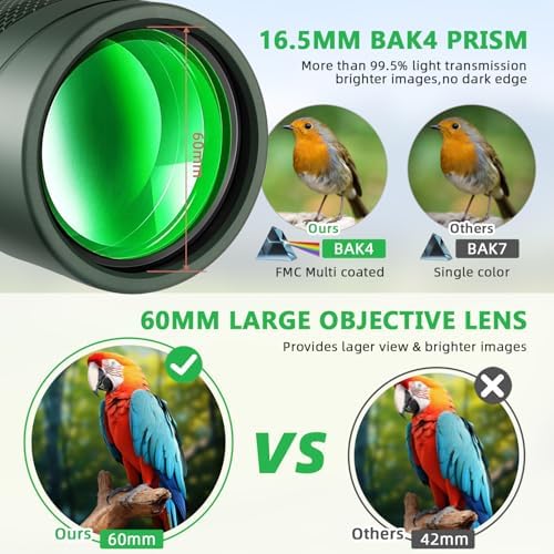 12x60 HD Monocular Telescope for Adults with Smartphone Adapter Tripod Hand Strap - High Power Monoculars Equipped with Large BAK4 Prism & FMC Lens - Suitable for Bird Watching Sports Hiking Traveling