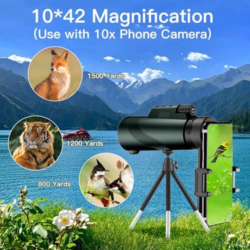 10X42 HD Monocular for Adults, Military Grade Compact Monocular Telescope with BAK-4 Prism & FMC Lens & Smartphone Holder & Tripod, Stargazing Hunting Bird Watching, Camping Hiking Travel Accessories