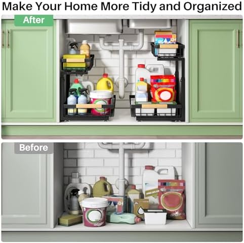 Under Sink Organizer, 2 Packs 2 Tier Under Sink Organizers and Storage, Slide Out Pull Out Cabinet Organizer Shelf, Metal Sliding Drawer for Kitchen Bathroom Pantry Cabinet Closet Organization Rack
