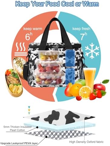 Femuar Lunch Bags for Women/Men, Insulated Lunch Bag for Work Office - Lunch Cooler Bag Leakproof Lunch Box with Adjustable Shoulder Strap - Cow print