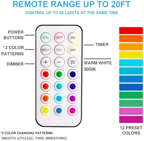 BLS LED Puck Lights with Remote Control, Wireless Under Cabinet & Closet Lighting, RGB 13 Color Changing Lights with Dimmer, Timer & AA Battery Operated, Push, Touch, Stick on for Night, Wall, 6 Pack