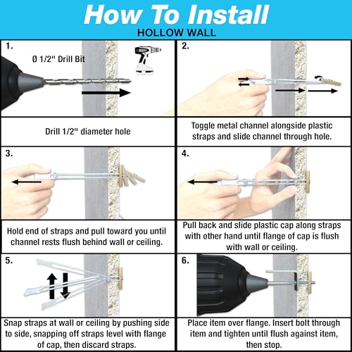 TOGGLER SNAPTOGGLE Heavy-Duty Drywall Toggle Bolt – 3/16"-24 UNC Zinc-Plated Anchor for Hollow Walls, Plaster & Tile – Holds 238 lbs in 1/2" Drywall, Easy Install – 100 Pack (W/Flathead Bolts)