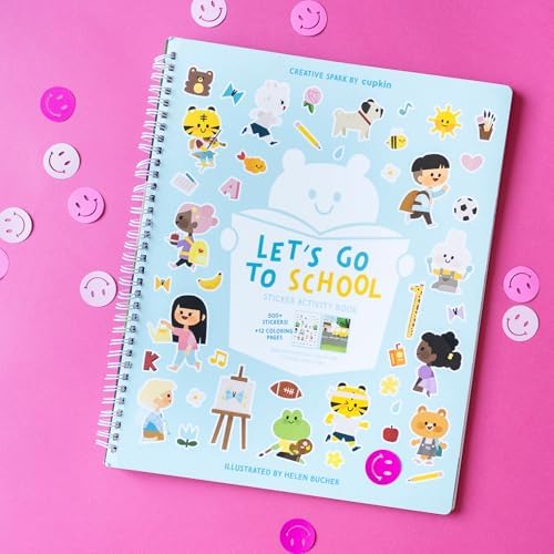 CUPKIN Sticker Book for Kids 2-4, 500+ Kids Stickers, Let's Go to School 12 Coloring Pages 12 Side by Side Scenes, Fun Toddler Travel Activity Coloring and Sticker Books for Ages 4-8 + 8-10