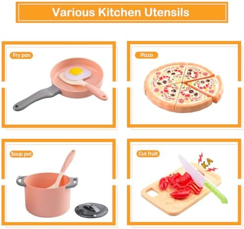 80pcs Pretend Play Kitchen Set for Toddlers, Kids Cookware Playset with Pots/Pans/Food/Fruits/Vegetables/Picnic Blanket/Storage Basket, Pink Educational Learning Toy Gift for Boys & Girls