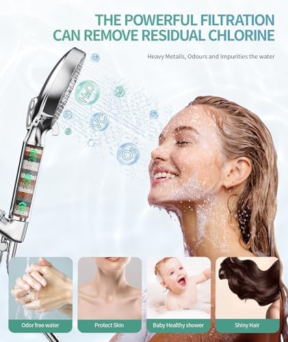 Filtered Shower Head with Handheld, High Pressure 9 Spray Mode Chrome Showerhead with Filters,detachable shower head,Water Softener Filters Beads for Hard Water -Remove Chlorine