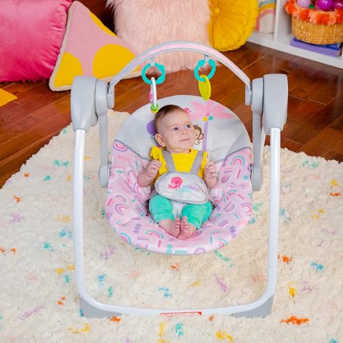 Bright Starts Pink Paradise Portable Compact Automatic Baby Swing with Music, Unisex, Newborn +