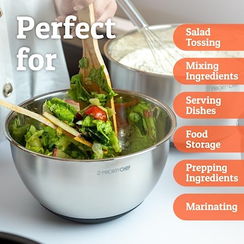 Priority Chef Premium Mixing Bowls With Lids Set, Airtight Lids, Thicker Stainless Steel Mixing Bowl Set, Large Prep Metal Bowls, Nesting Bowls for Kitchen, 1.5/2/3/4/5 Qrt, Black