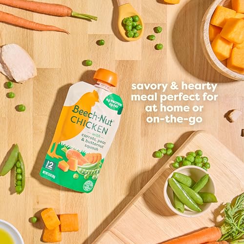 Beech-Nut Chicken Baby Food Pouches with 4g of Protein, Chicken Carrots Peas & Butternut Squash, Baby Puree Meat Baby Food Pouch, Stage 2, 3.5 oz Pouch (12 Pack)