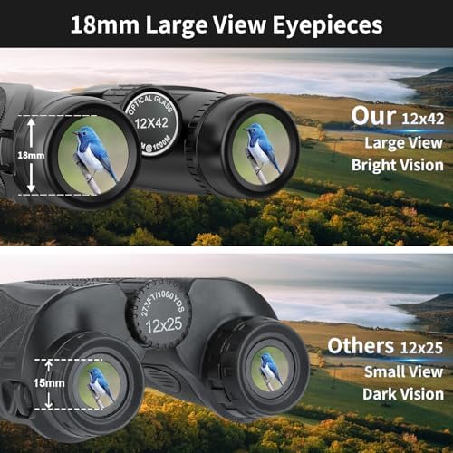 Binoculars 12x42 for Adults and Kids Night Vision Binoculars Compact Binocular Large Eyepiece Waterproof Binocular Wide Field of View for Bird Watching,Hiking,Hunting,Concert with Carrying Bag