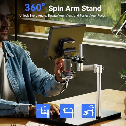 TOMLOV TM4K Max 4K Digital Microscope 2000x, 52MP Spin Arm Soldering Microscope for Adults, 10.1" HDMI Electronics Repair Microscopes with Ring Light, Larger Base LCD Coin Microscopes Full View, 64GB