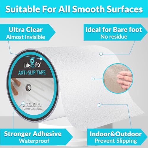 LifeGrip Anti Slip Transparent Anti Slip Tape, 8 inch by 30 feet, Non-Slip Traction Grip Tape to Tubs, Boats, Stairs, Clear, Soft, Comfortable for Bare feet (8" X 30')