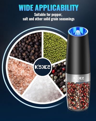 Gravity Electric Pepper and Salt Grinder Set, Adjustable Coarseness, Battery Powered with LED Light, One Hand Automatic Operation, Stainless Steel Black, 2 Pack