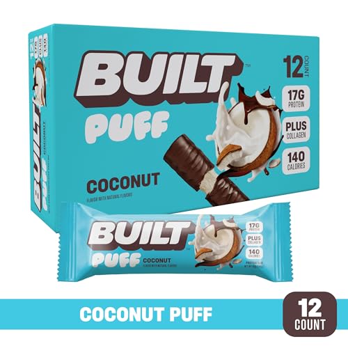 Built Bar, Puff Protein Bars, Coconut Puff, 17g Protein Snacks, On-The-Go Bars, Only 140 Calories, 6g Sugar, Collagen, Gluten Free, 12 Count