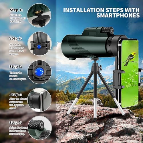 10X42 HD Monocular for Adults, Military Grade Compact Monocular Telescope with BAK-4 Prism & FMC Lens & Smartphone Holder & Tripod, Stargazing Hunting Bird Watching, Camping Hiking Travel Accessories