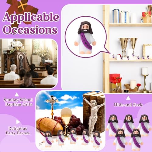 Bememo 100 Pcs Little Jesus Figures Jesus Loves You Original Design Rubber Pocket Toys Little Figures to Hide and Seek Sunday School Religious Party Share Gifts(Purple)