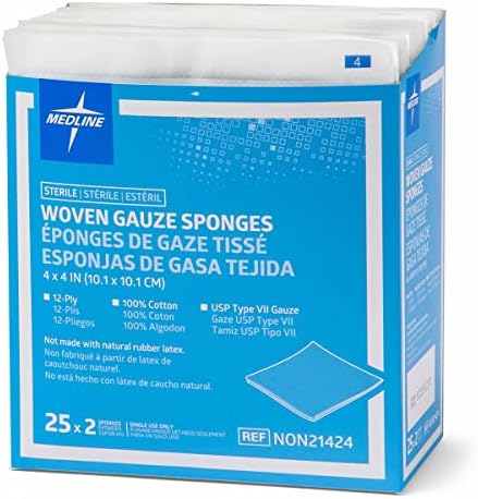Medline 100% Cotton Woven Sterile Gauze Sponges, 4" x 4", 12-Ply, Ideal for Wound Dressing, Pack of 1200