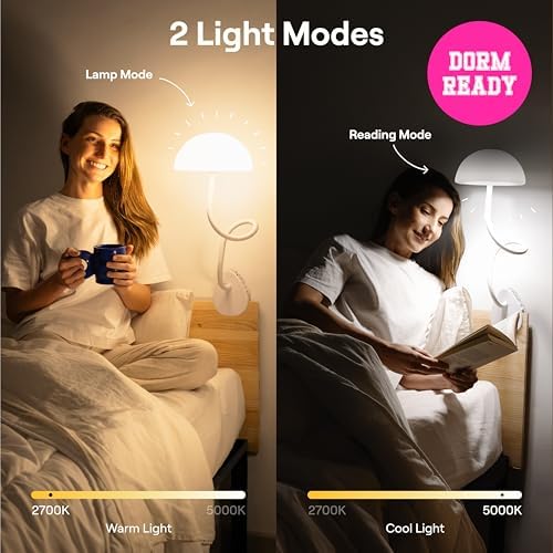 Shroommate Clip On Light and Bed Headboard Lamp, Bedside Table Lamp for Dorm, College Dorm Room Essentials, Night Light for Kids Nursery, Clip on for Desk, MultiColor LEDs, Adapter Included (White)