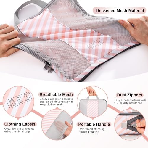 8 Set Compression Packing Cubes for Travel Essentials,Compressible Expandable Packing Cubes for Suitcase,OlarHike Luggage Organizer Bags for Travel,Handy Helper for Organizing Clothes(Pink Stripped)