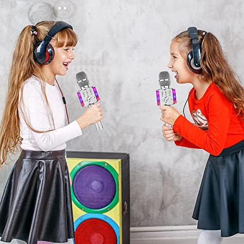 Amazmic Kids Karaoke Microphone Machine Toy Bluetooth Microphone Portable Wireless Karaoke Machine Handheld with LED Lights, Gift for Children Adults Birthday Party, Home KTV(Silver)
