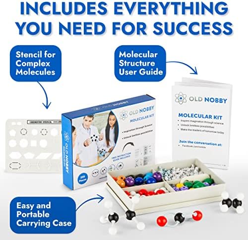 OLD NOBBY Organic Chemistry 239 Piece Model Kit - Molecular Model Kit with Atoms, Bonds, Instructional Guide, Bond Removal Tool, and Bonus Molecular Stencil