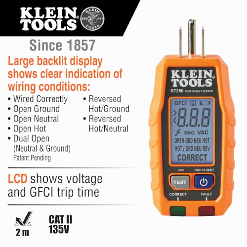 Klein Tools RT250 GFCI Outlet Tester with LCD Display, Electric Voltage Tester for Standard 3-Wire 120V Electrical Receptacles