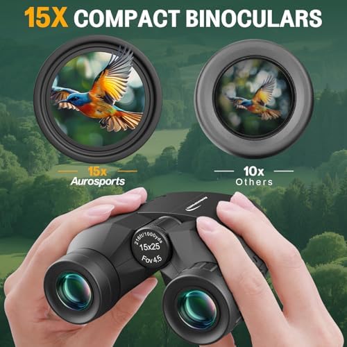 Aurosports 15x25 Compact Binoculars for Adult Kids - High Power Binoculars for Bird Watching - Easy Focus Small Binocular with Low Light Vision for Travel, Camping, Concert, Hiking