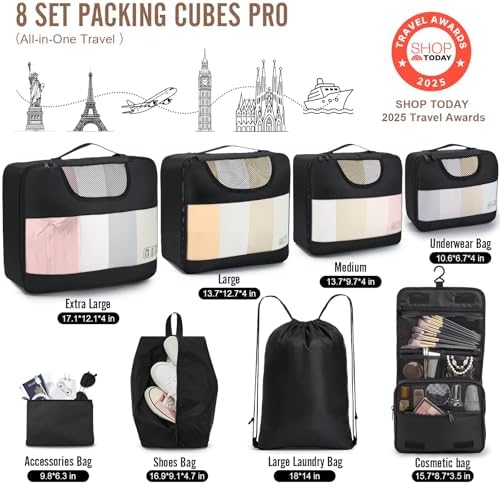 Veken 10 Set/8 Set Packing Cubes for Travel Essentials, Suitcase Organizer Bags in 4 Sizes, Carry-On Luggage Accessories with Large Laundry & Toiletry Bag, Must-Have for Airplane, Road Trip & Camping