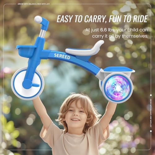 SEREED Colorful Lighting Toddler Tricycle for 2-5 Years Old Boys Girls, Adjustable Seat&Handlebar Trike, Removable Basket, Birthday Gift Idea for Kids Ages 2+ (Blue)