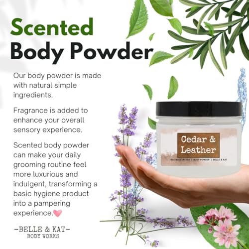 Body Powder for Men & Women Scented Cedar Leather, Perfume Dusting Powder, Bath Powder with Fragrance & Essential Oils, Talc Free 8oz Container, Made in USA