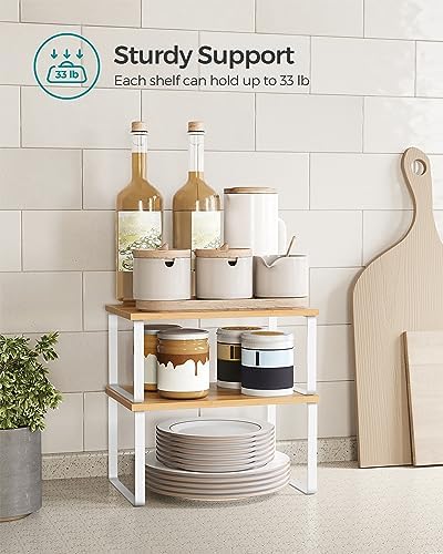 SONGMICS Cabinet Organizer Shelf, Set of 4 Kitchen Counter Shelves, Kitchen Storage, Spice Rack, Stackable, Expandable, Metal and Engineered Wood, Cloud White and Natural Beige UKCS010N01