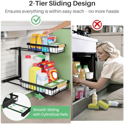 Under Sink Organizer, 2 Packs 2 Tier Under Sink Organizers and Storage, Slide Out Pull Out Cabinet Organizer Shelf, Metal Sliding Drawer for Kitchen Bathroom Pantry Cabinet Closet Organization Rack