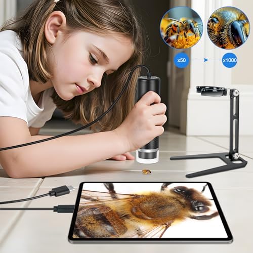 Digital USB Microscope Camera for iPhone iPad Android Phone Tablet, 50 to 1000X Mobile Coin Adult Student Kid Scope Jewelers Loupe 1920x1440P Recording with Metal Stable Stand - Not for PC