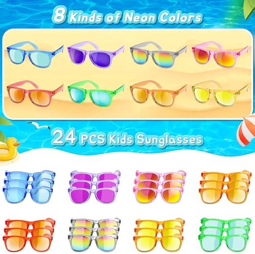 Kids Sunglasses Party Favors - Boys Girls Age 3-8 Birthday Goodie Bags Stuffers, Neon Sunglasses with UV 400 Protection for Kids Classroom Favors - 24 Packs