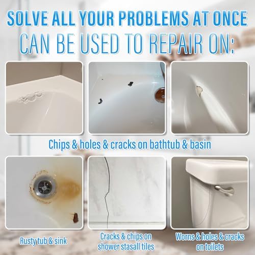 Tub Repair Kit White, Tub Chip and Bathtub Repair Kit for Enamel, Fiberglass, Acrylic, Porcelain, Patch and Repairs Chips, Crack, Scratches, Rust, Holes on Tubs, Toilet, Sink, Shower, Tray in Bathroom