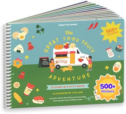 CUPKIN Sticker Book for Kids 2-4, 500+ Kids Stickers, Food Truck Adventure 12 Coloring Pages 12 Side by Side Scenes Fun Toddler Travel Activity Coloring and Sticker Books for Ages 4-8 + 8-10
