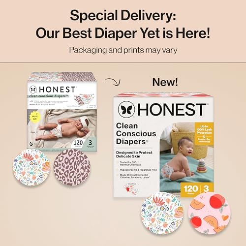 The Honest Company Clean Conscious Diapers for Delicate Skin | Up to 100% Leakproof | Hypoallergenic, Fragrance Free | Girl Prints | Super Club Box, Size 3 (16-28 lbs), 120 Count (Prints May Vary)