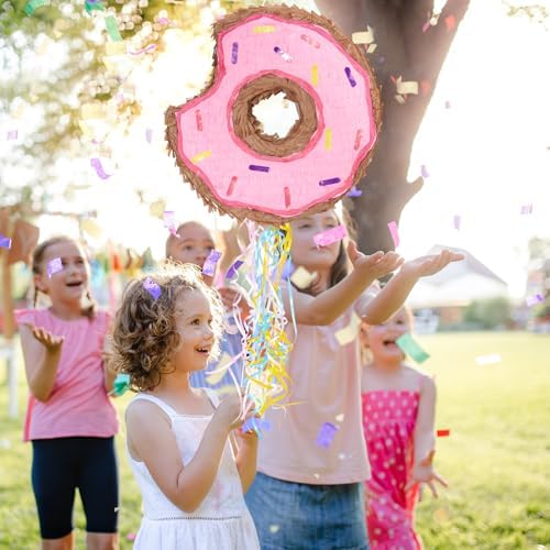 WERNNSAI Donut Piñata - Pink Donut Pinata with String Birthday Partyn Decorations Piñata with Stick Blindfold for Girls Kids Dount Pull String Pinata Family Games Birthday Party Supplies