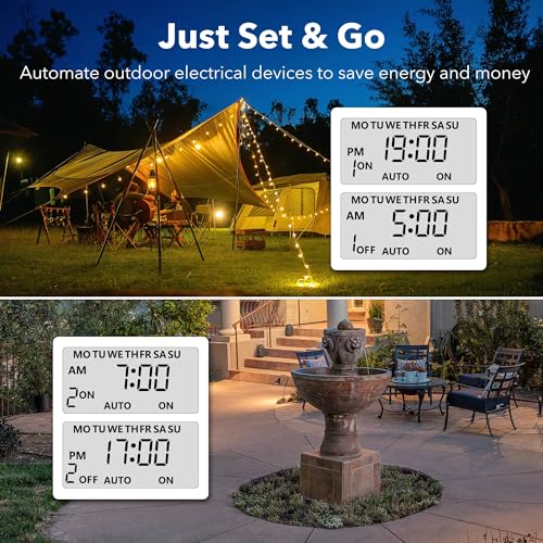 BN-LINK 7 Day Outdoor Heavy Duty Digital Programmable Timer, Outdoor Timer Outlet Waterproof, 2 Grounded Electrical Outlets for Christmas Lights, 15A 1/2HP,ETL Listed