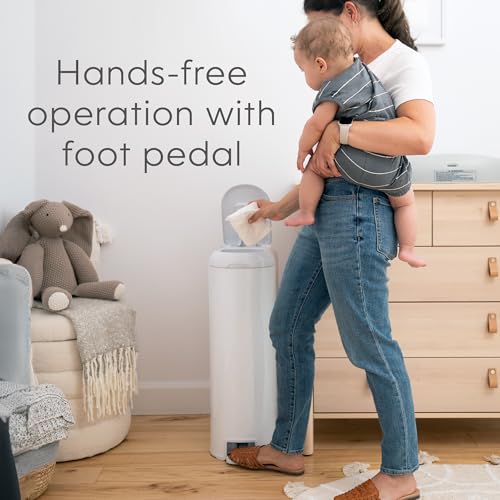 Diaper Genie Platinum Pail (Lilly White) is Made of Durable Stainless Steel and Includes 1 Easy Roll Refill with 18 Bags That can Last up to 5 Months.