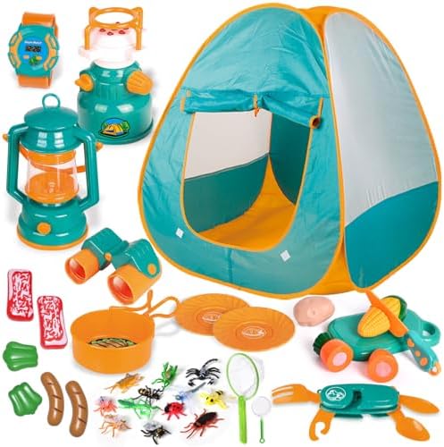 FUN LITTLE TOYS Kids Camping Set with Pop Up Play Tent Camping Toys with Battery Lantern and Drawstring Bag Indoor Outdoor Pretend Play, Christmas Birthday Gifts for Boys