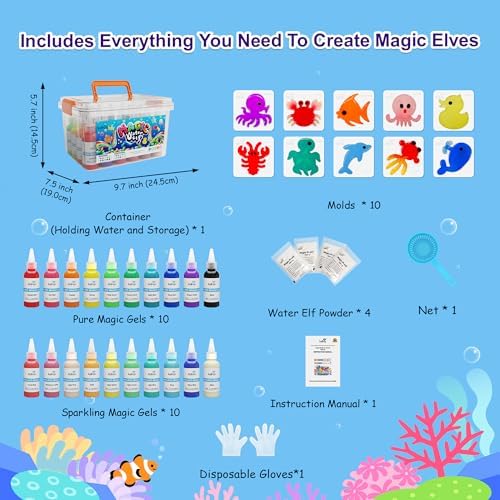 Kiditos Magic Water Elf Toy Kit, Aqua Fairy Water Gel Kit-20 Magic Gels&10 Molds–Make Your Own Water Pets & Squishy Toys–Fun Summer DIY Craft Kit, Birthday Gifts & Party Favors for Kids Ages 3+