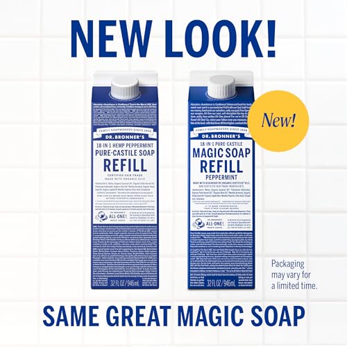 Dr. Bronner's Pure-Castile Liquid Magic Soap Bottle & Refill Carton - Made with Regenerative Organic Certified Oils- 18-in-1 Uses for Face, Body Wash, Hand Soap Refill- Peppermint, 32oz