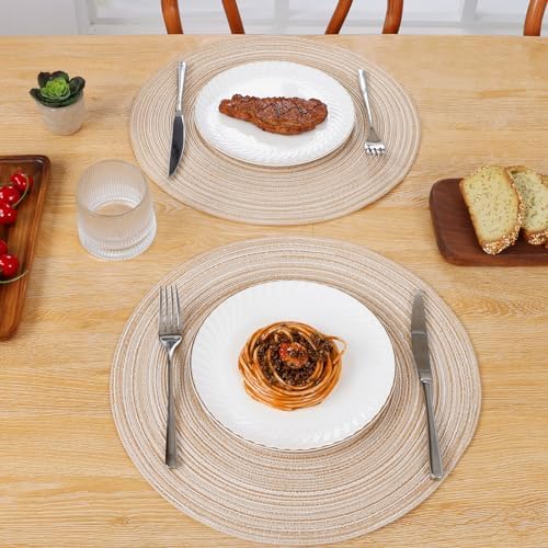 SHACOS 15 inch Round Braided Placemats Set of 6 Non Slip Heat Resistant Cotton Polyester Table Mats Washable Place Mats for Dinner Party Table Decoration (Beige, 6)